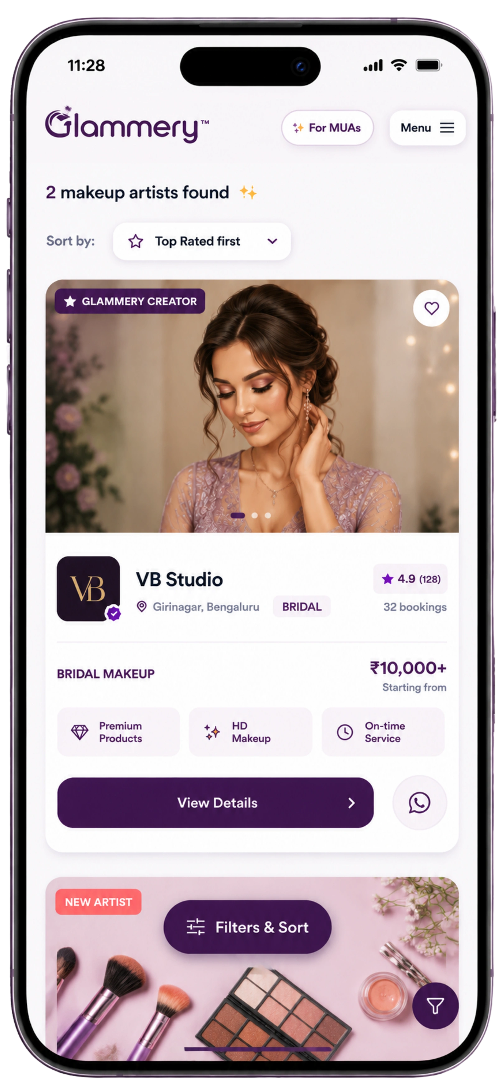 Glammery MUA Client Artist Search Screen