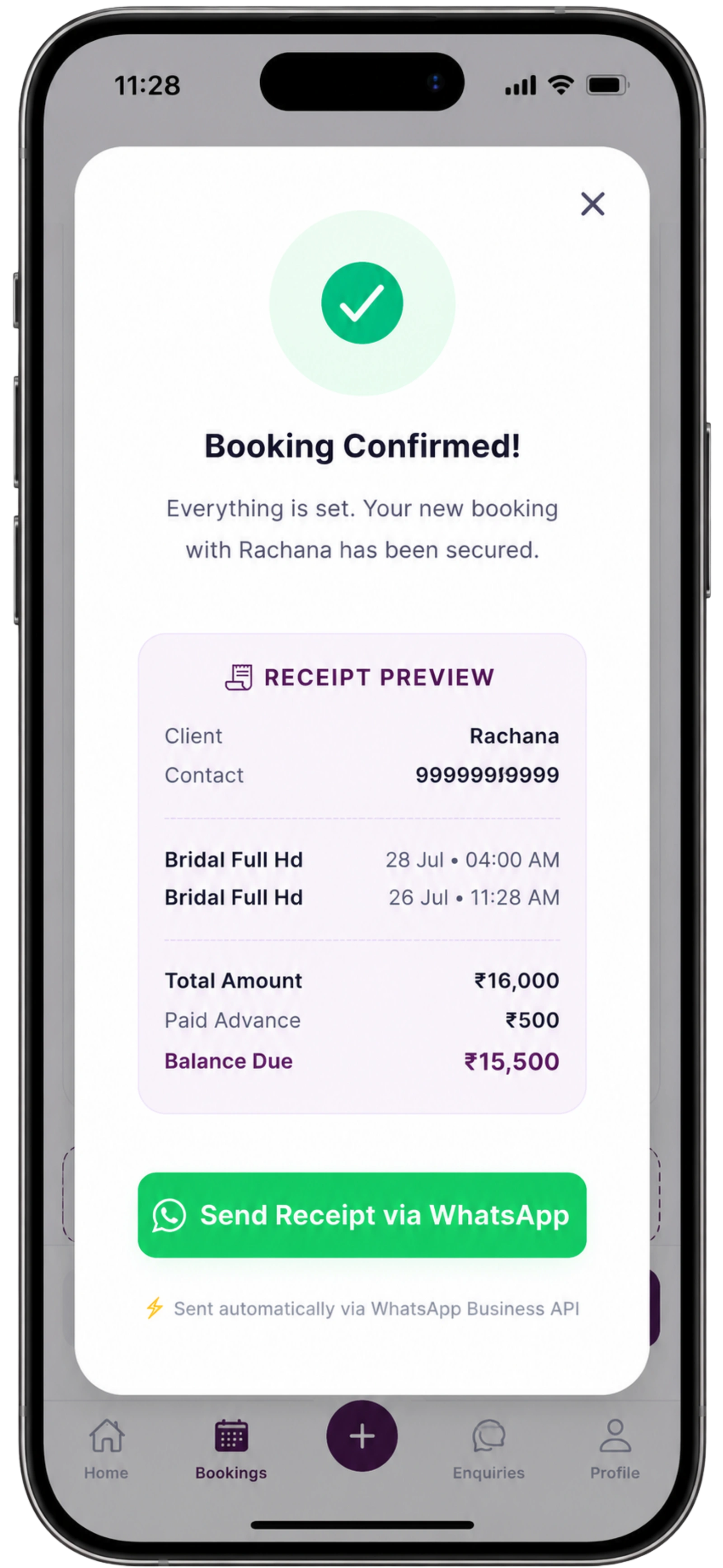 Glammery MUA Receipt Screen